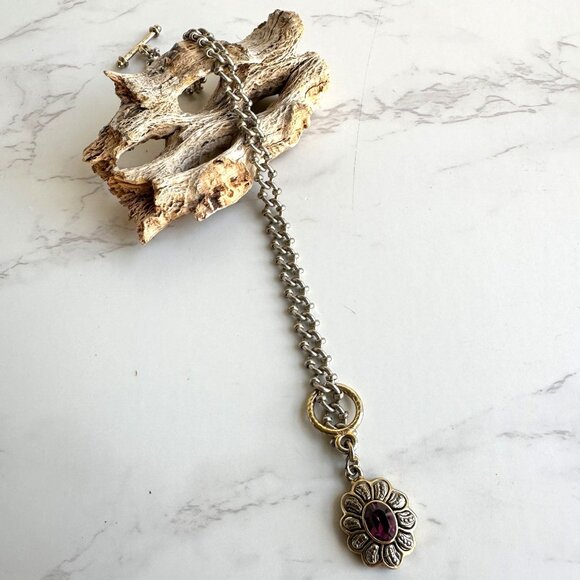 Vintage Silver & Gold Tone Chain Bracelet with Faceted Rhinestone Dangle - Picture 2 of 4